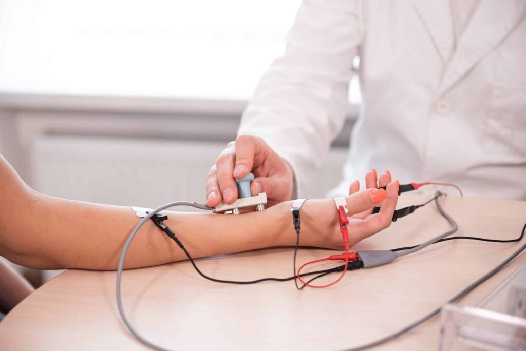 Nerve conduction study being performed