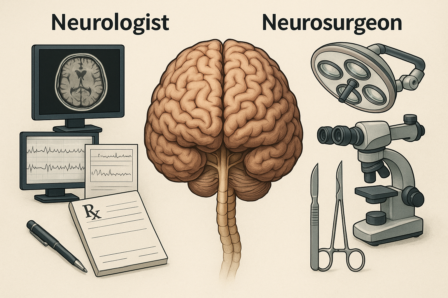 Comparison of a neuro doctor and neurosurgeon with brain-centered medical illustration