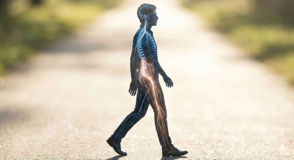 A high-resolution medical illustration of the human nervous system showing motor pathways, used to explain movement and motor disorders.