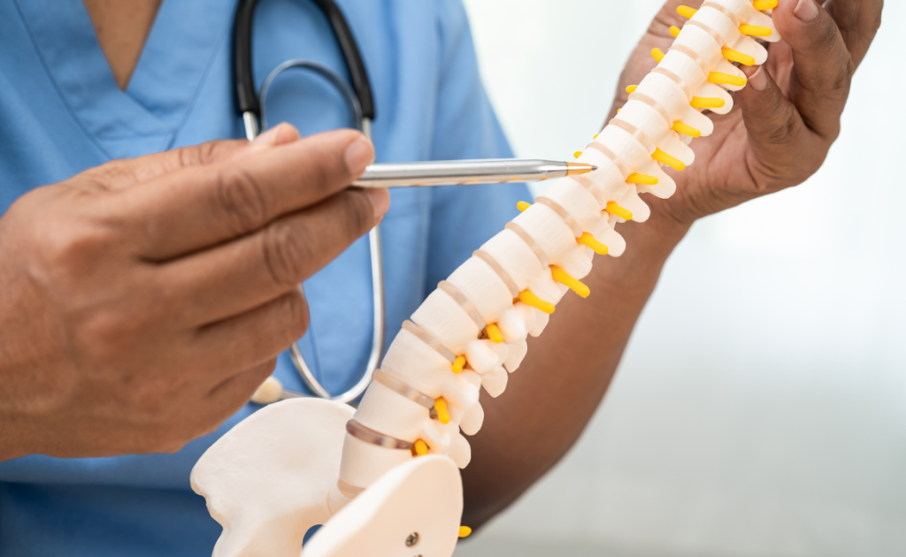 Illustration showing human spine with nerve pain symptoms and neurologist consultation