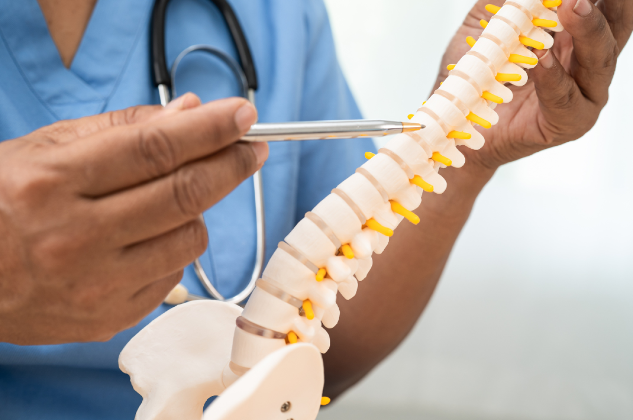 Illustration showing human spine with nerve pain symptoms and neurologist consultation
